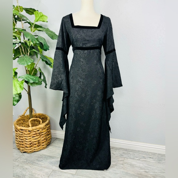 Eternal Love Vintage Y2K Black Velvet Trim Jacquard Goth Dress - Picture 1 of 9
